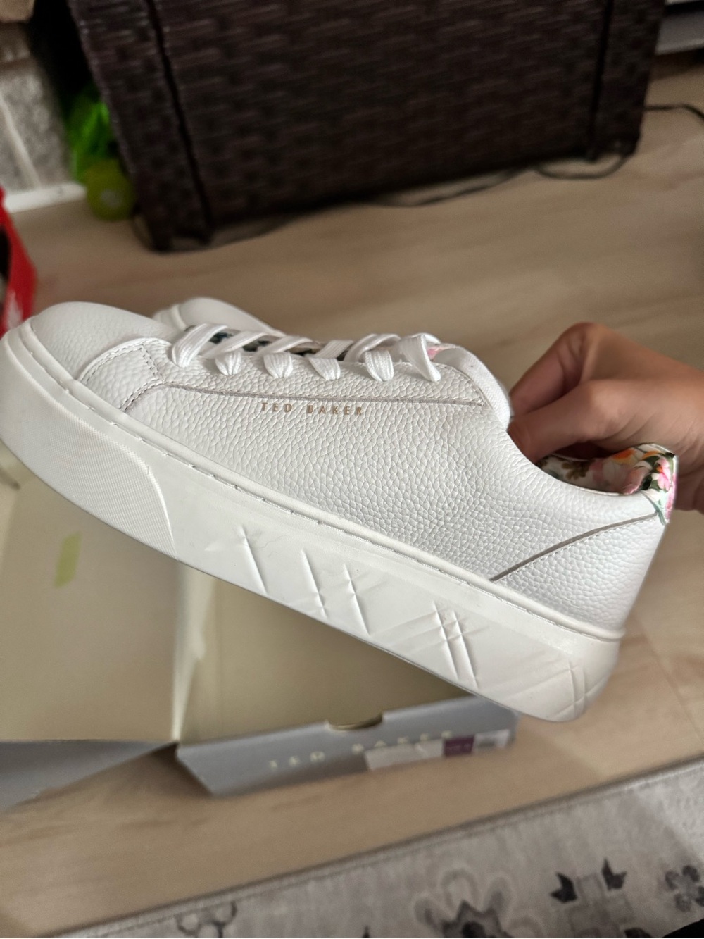 Ted Baker White Leather Sneakers with Floral Heel Trim